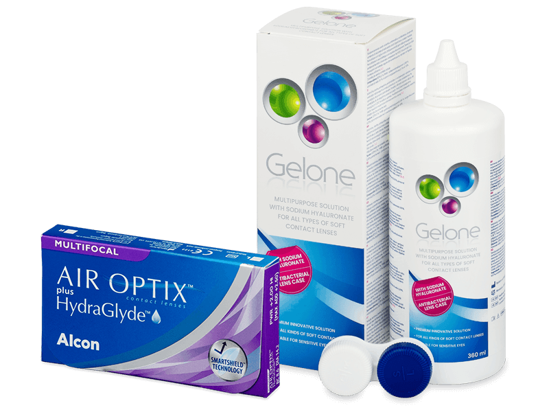 Air Optix plus HydraGlyde Multifocal (3 lenti) + soluzione Gelone 360 ml - Package deal